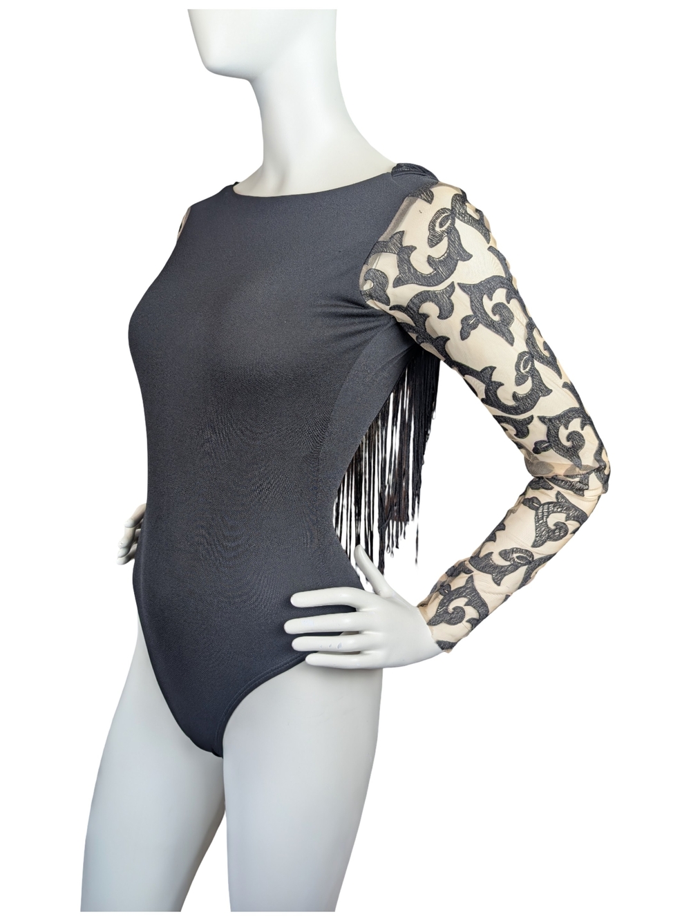Yuppie Brazil Black Fringe Bodysuit Sheer Embroidered Sleeve Small Dance Goth